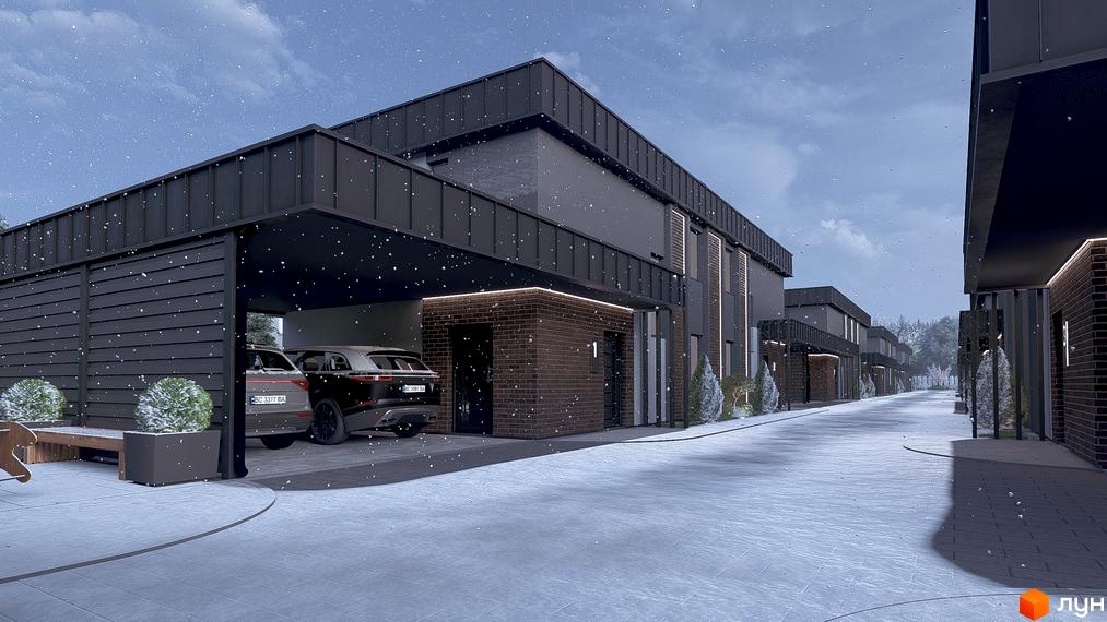 Зображення житлового комплексу на вул. Сонячна, 43 взимку. Показано фасади будинків з темної цегли та панелей, засніжену дорогу та прибудинкову територію.