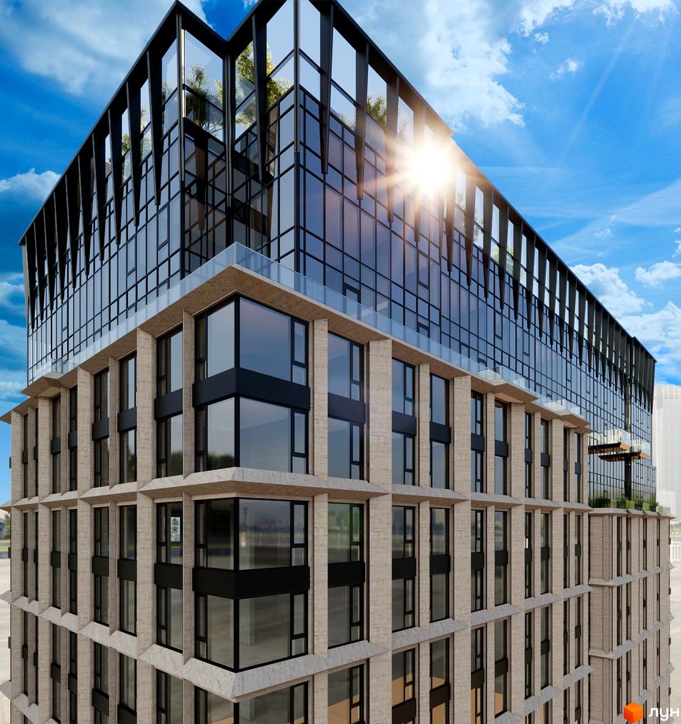 Зовнішній вигляд ЖК VANTAGE HILL з скляним фасадом та елементами з каменю. Сучасна архітектура новобудови.