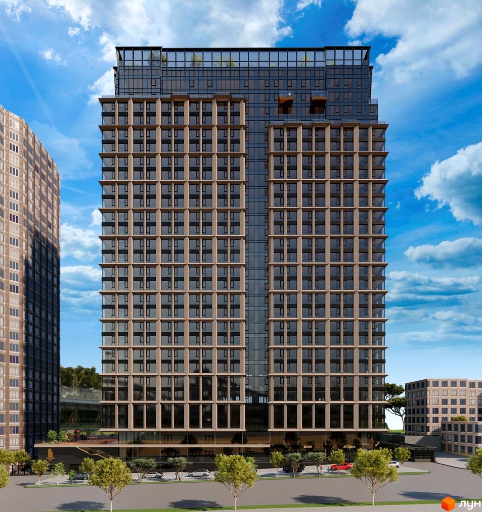 Житловий комплекс VANTAGE HILL - висотна новобудова з панорамними вікнами та балконами, з прибудинковою територією, деревами та дорогою.