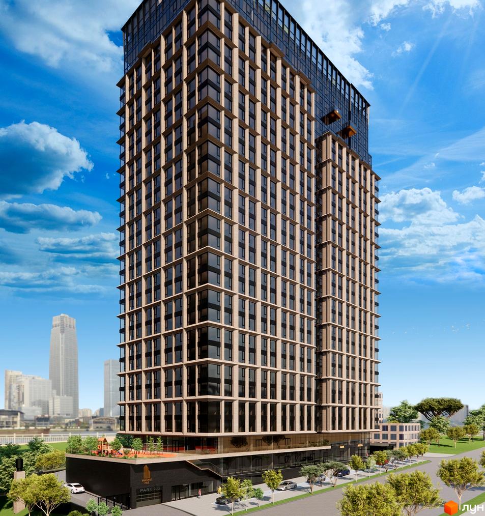 Новобудова ЖК VANTAGE HILL з панорамними вікнами та балконами, поруч дитячий майданчик та паркінг.