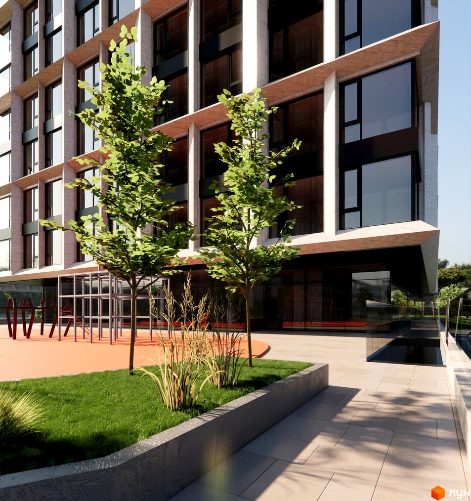 Житловий комплекс VANTAGE HILL з великими вікнами та бетонними елементами фасаду. Поруч дитячий майданчик та зелена зона з деревами.