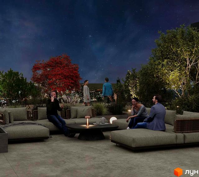 Житловий комплекс VANTAGE HILL: вечірня тераса на даху з озелененням та зонами відпочинку, освітлена зоряним небом.