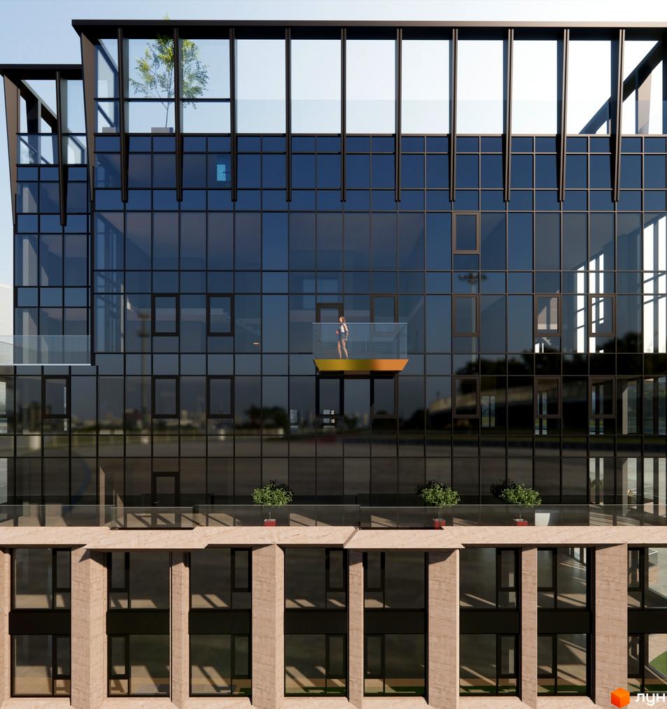 Фасад житлового комплексу VANTAGE HILL з панорамним склінням та балконами. Навколо будівлі розташовані зелені насадження.