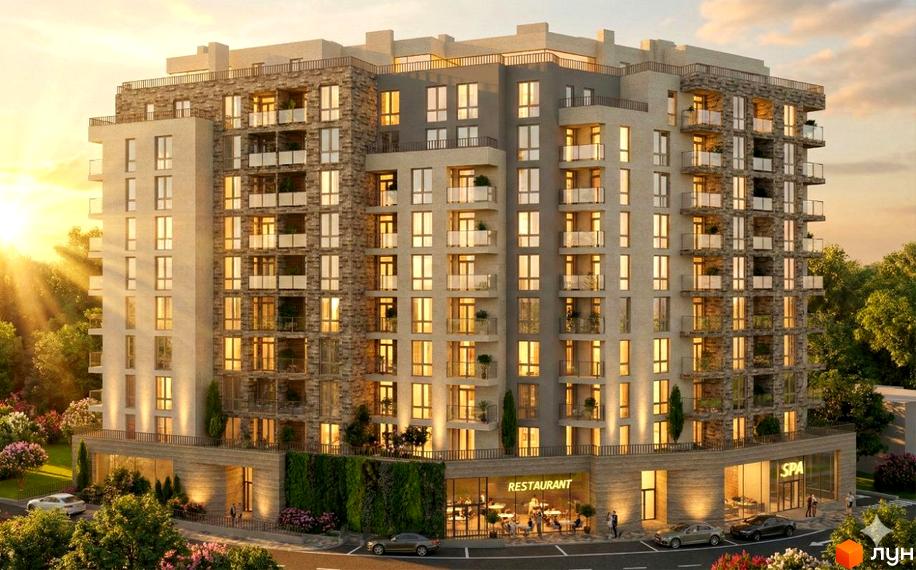 Житловий комплекс SHELEST Residence & SPA - це багатоповерхова будівля з балконами та кам'яним оздобленням фасаду, розташована поруч із зеленою зоною та рестораном.