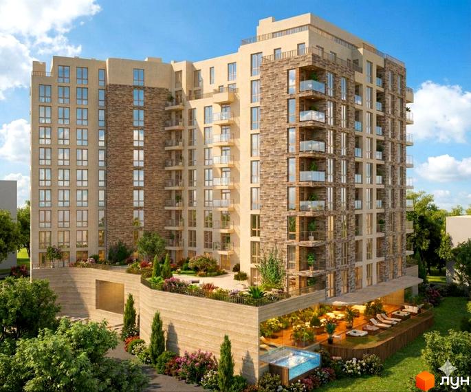 Житловий комплекс SHELEST Residence & SPA з фасадами світлого кольору та кам'яним облицюванням, оточений зеленими насадженнями та зоною відпочинку з басейном.