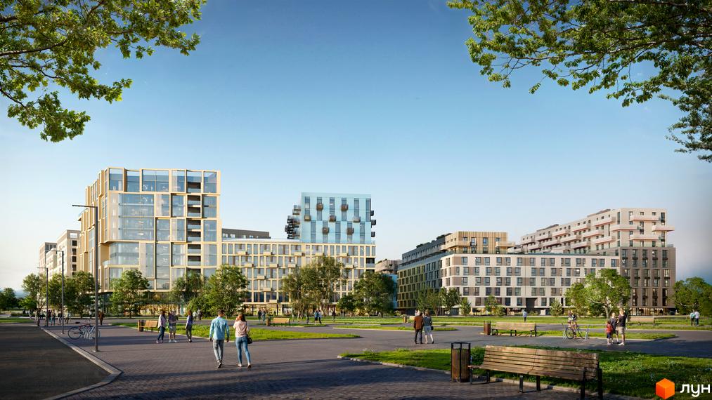 Житловий комплекс Resident State складається з кількох будівель різної поверховості з великими вікнами та балконами. Навколо облаштовані зелені зони та доріжки для прогулянок.