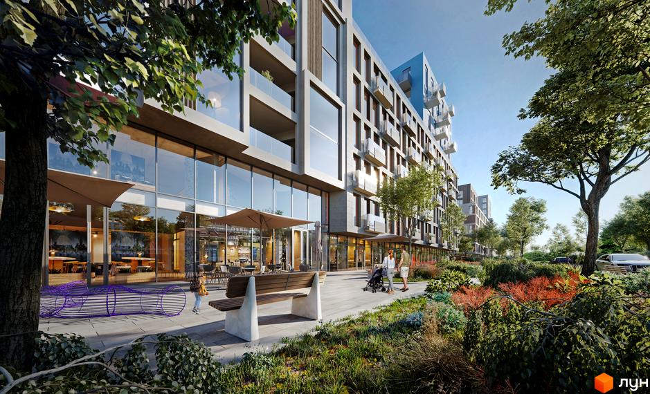 Фасад Житлового комплексу Resident State з великими вікнами та балконами. Прибудинкова територія з зеленими насадженнями, пішохідними доріжками та комерційними приміщеннями.