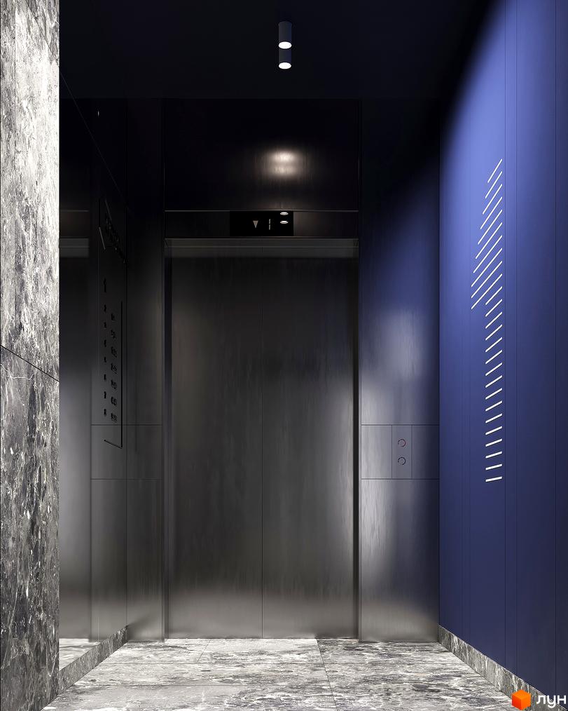 Сучасний ліфт у житловому комплексі Resident State з мармуровою обробкою та синіми акцентами. Зовнішній вигляд ліфта та оздоблення стін.