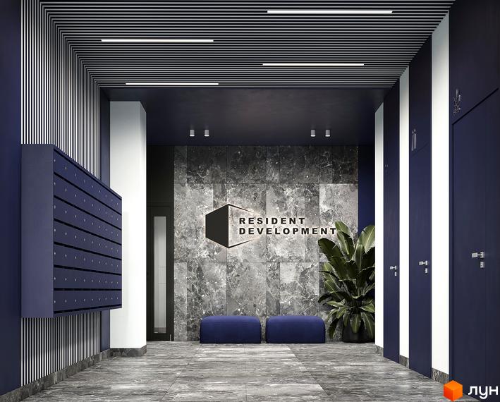 Вхідна група новобудови Resident Development з поштовими скриньками та рослинами. Сучасний дизайн холу житлового комплексу.