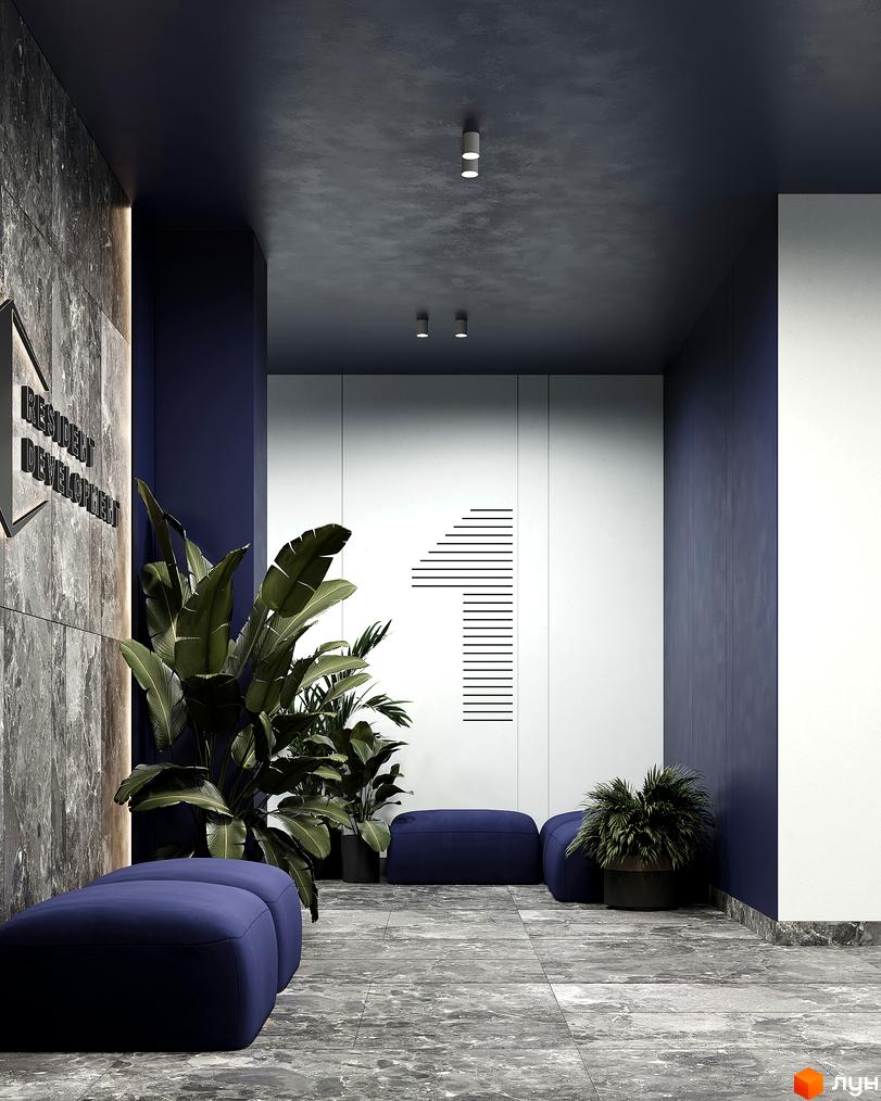 Сучасний вхід у житловий комплекс Resident State з великими рослинами та синіми пуфами. Великий номер 1 на білій стіні.