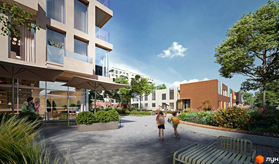 Житловий комплекс Resident State з цегляними та світлими фасадами, зеленою прибудинковою територією та дитячим майданчиком.