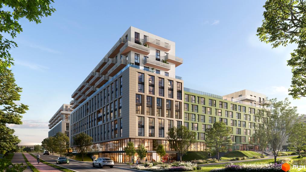 Житловий комплекс Resident State: будинок з бежевими та зеленими фасадами, балконами. Прибудинкова територія облаштована дорогою, велодоріжкою та зеленню.