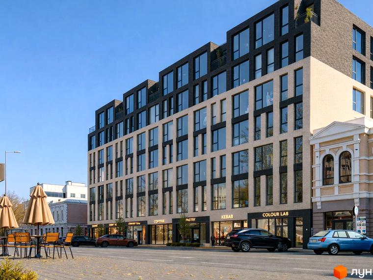 Багатоповерховий будинок БФК Shevchenka 58a з чорним та світлим фасадом, великими вікнами. На першому поверсі комерційні приміщення, поруч вуличні кафе та дорога.