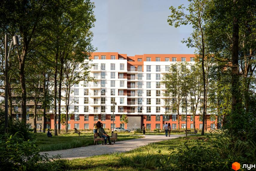 Житловий комплекс Стрийський Бульвар з біло-теракотовим фасадом та балконами. Перед будинком зелений парк з доріжками та деревами.