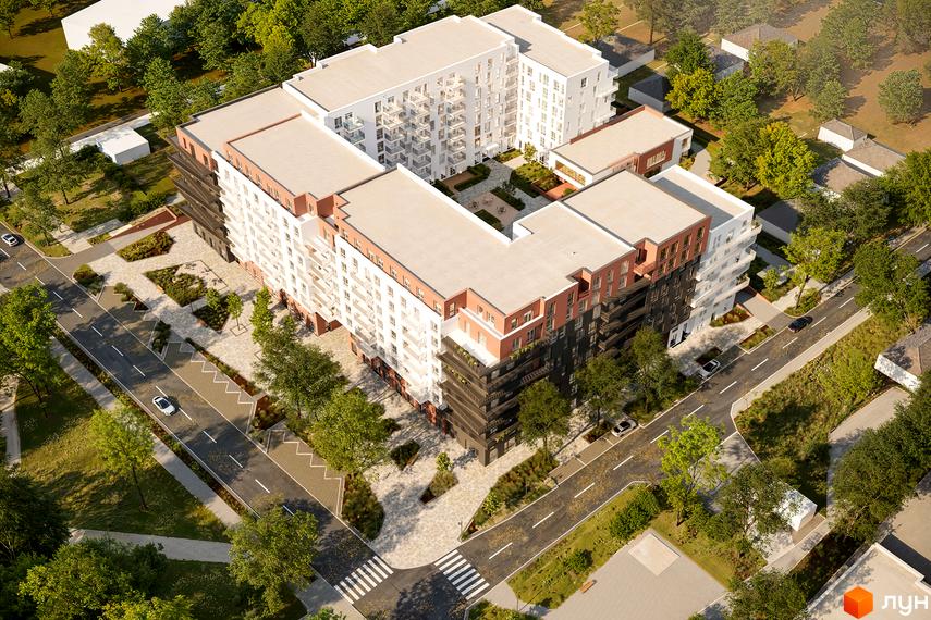 Житловий комплекс Стрийський Бульвар: багатосекційний будинок з білими, темними фасадами та балконами. Озеленений двір, дороги та дерева навколо.