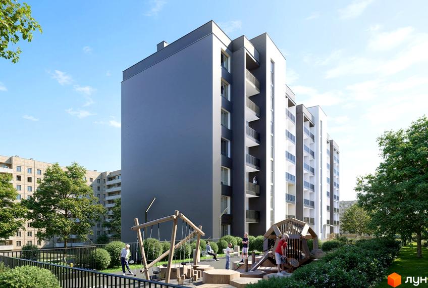 Житловий комплекс Prostir з білими та сірими фасадами, балконами та дитячим майданчиком з дерев'яними елементами.