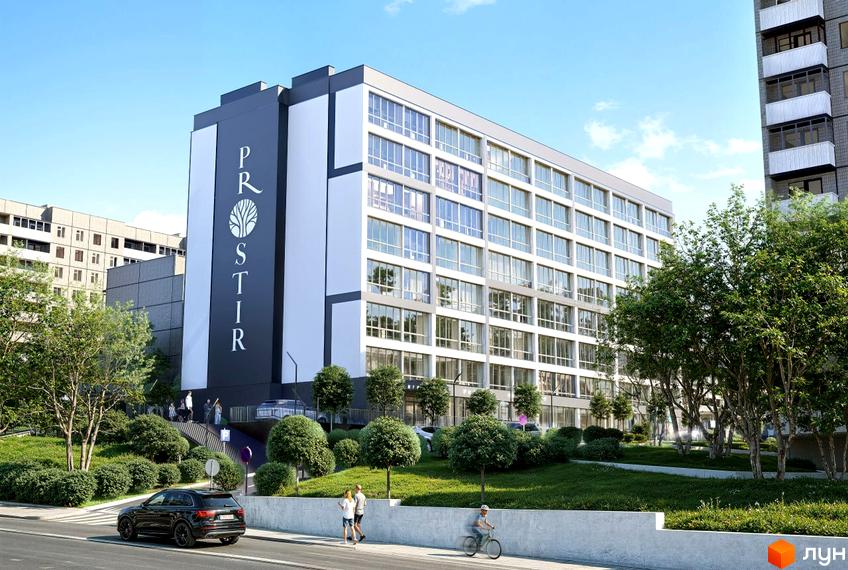Багатоповерховий будинок Житлового комплексу Prostir комфорту з великими вікнами та біло-сірим фасадом. Навколо озеленена територія з деревами та пішохідними доріжками.