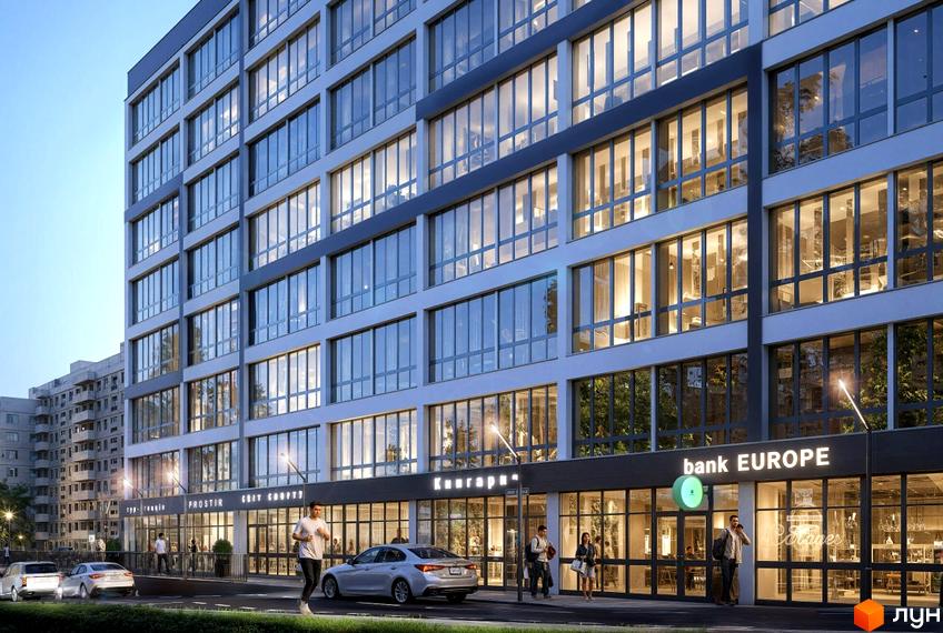 Новобудова ЖК Prostir з великою кількістю вікон та комерційними приміщеннями на першому поверсі. Поруч дорога з автомобілями та пішохідна зона.