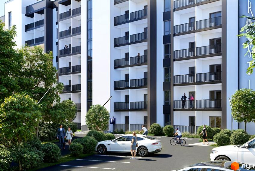 Новобудова ЖК Prostir з балконами та прибудинковою територією, де розташовані дерева та автомобілі.