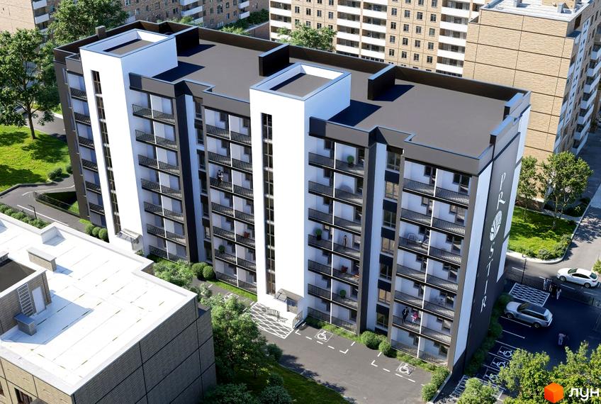 Новобудова ЖК Prostir з білими та чорними фасадами, балконами та прибудинковою територією з парковкою та зеленими насадженнями.