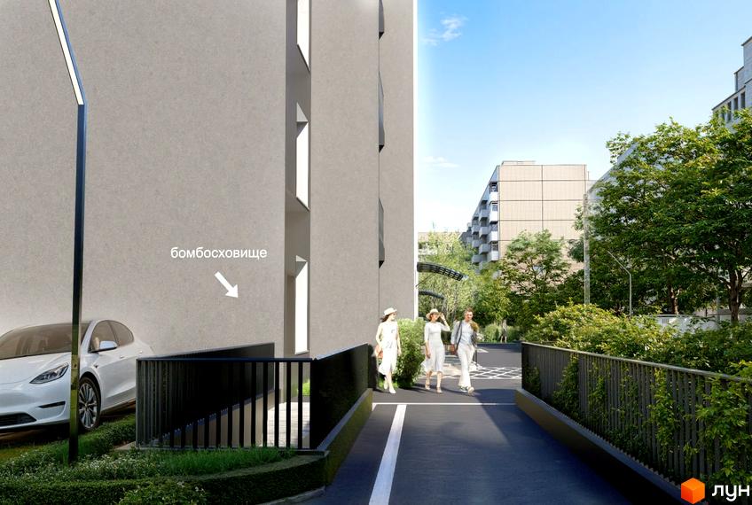 Житловий комплекс Prostir комфорту: сірий багатоповерховий будинок з вертикальними вікнами, зелені насадження та вхід до бомбосховища.