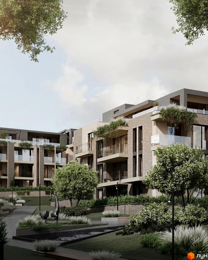 Новобудова ЖК SHERWOOD з цегляним фасадом та балконами, що потопають у зелені. Прибудинкова територія з ландшафтним дизайном та скульптурами.