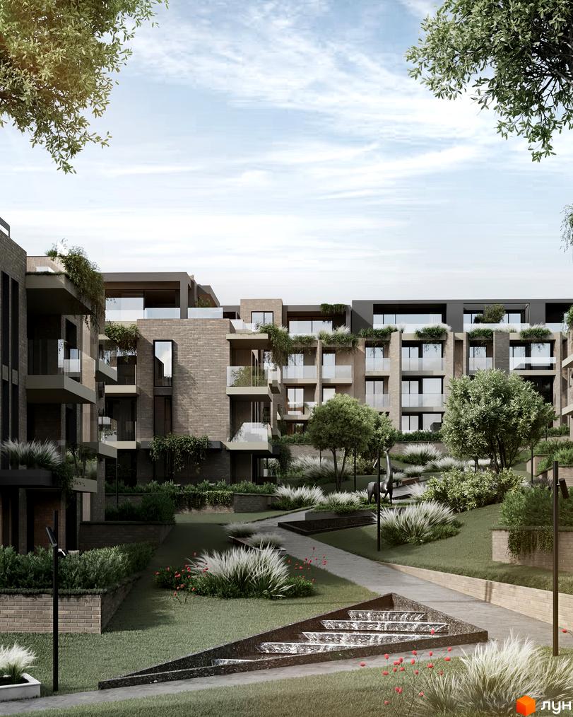 Житловий комплекс SHERWOOD з будинками з цегляними фасадами, балконами, озелененими терасами та доглянутою прибудинковою територією.