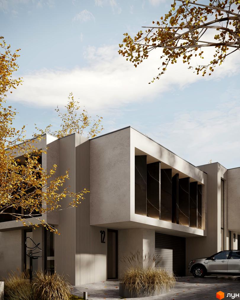 Котеджне містечко SHERWOOD: фасад будинку з бетонними стінами, темними вертикальними вставками та номером 12. Перед будинком парковка, автомобіль та осінні дерева.