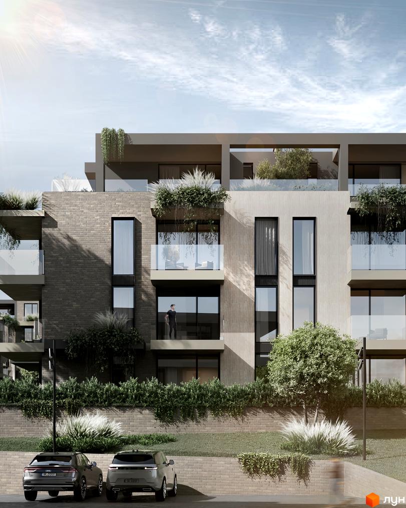 Котеджне містечко КМ SHERWOOD: фасади будівель з цегляним та штукатурним оздобленням, балкони з рослинністю. Прибудинкова територія з зеленими насадженнями та автомобілями.