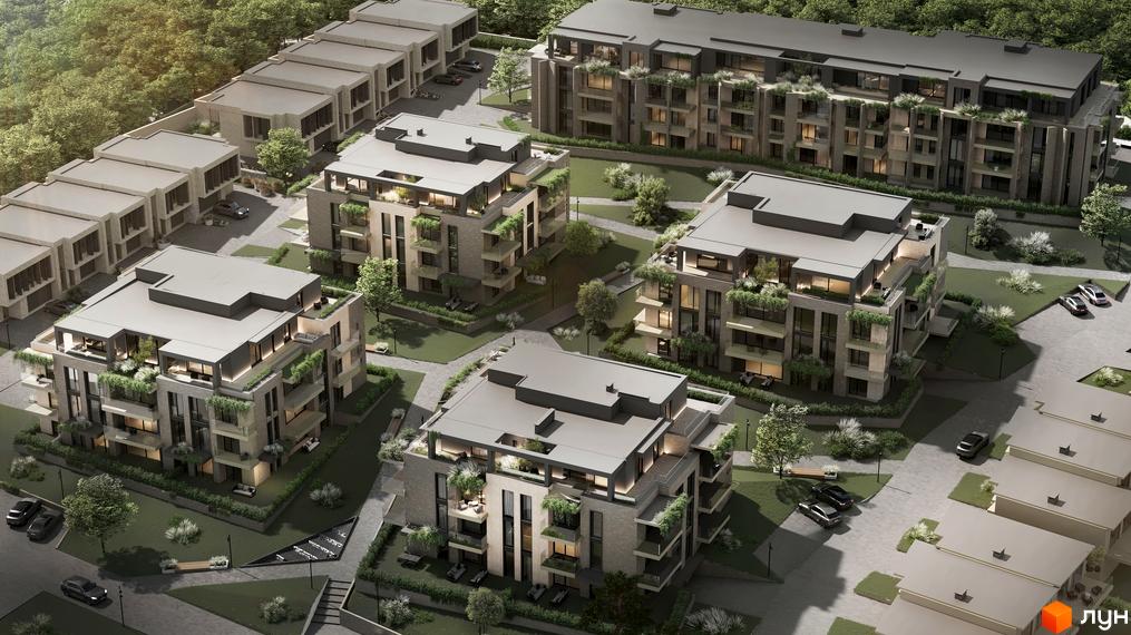 Котеджне містечко SHERWOOD з багатоповерховими будинками з цегляними фасадами, озелененими балконами та котеджами. Прибудинкова територія має доглянуті газони, дерева та паркувальні місця.