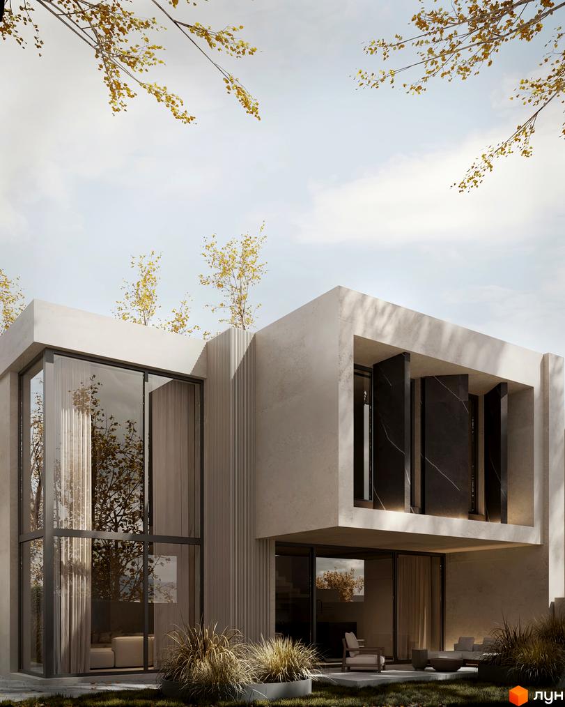 Котеджне містечко КМ SHERWOOD. Зовнішній вигляд будинку з великими вікнами та терасою, зелена прибудинкова територія.