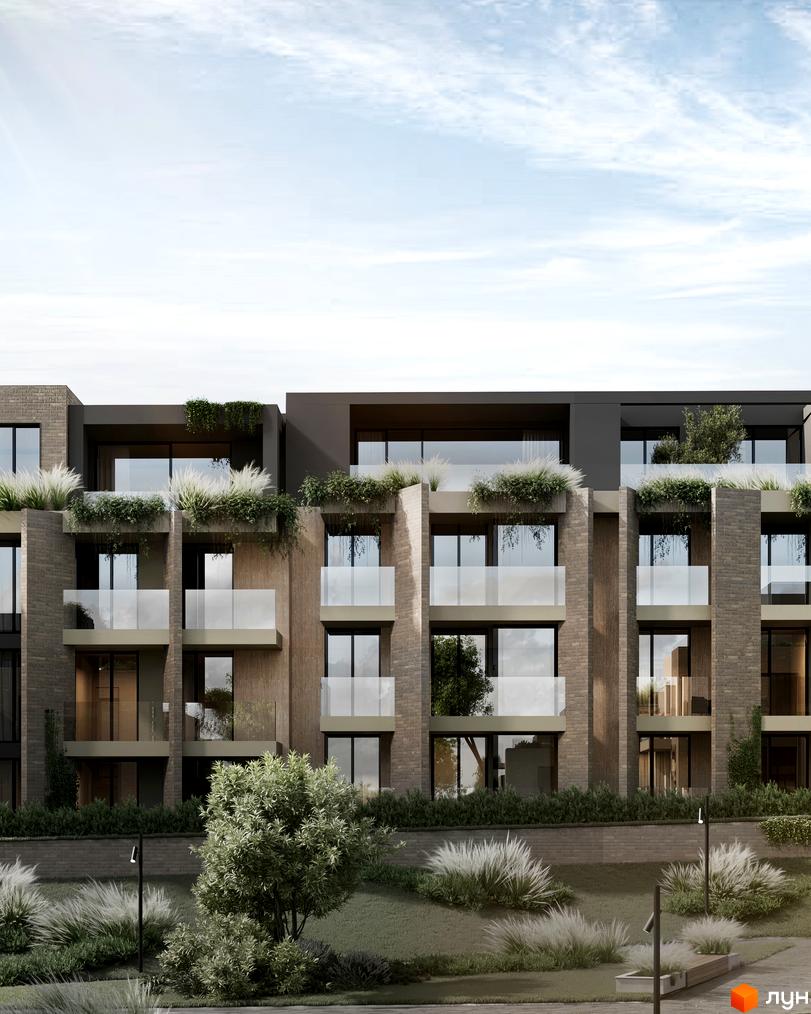 Зовнішній вигляд котеджного комплексу КМ SHERWOOD з цегляними фасадами, скляними балконами та зеленню. Прибудинкова територія з деревами та кущами.