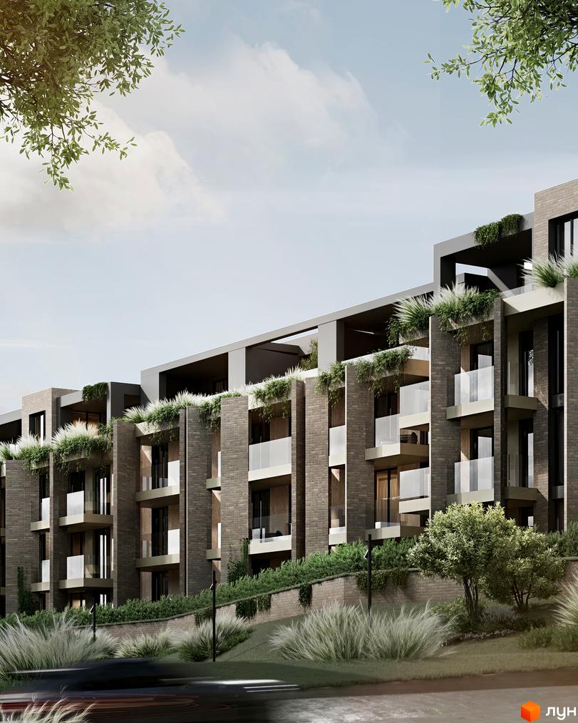 Котеджне містечко SHERWOOD з багатоповерховими будинками з цегляними фасадами та балконами з прозорими огорожами. На дахах і балконах багато рослинності, а прибудинкова територія озеленена кущами та травами.