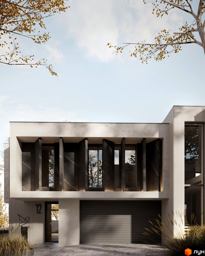 Фасад будинку Котеджного містечка SHERWOOD виконаний у світлих тонах з темними декоративними панелями та великими вікнами. Перед будинком розташовані гараж, вхідна група з номером 12 та осінні рослини.