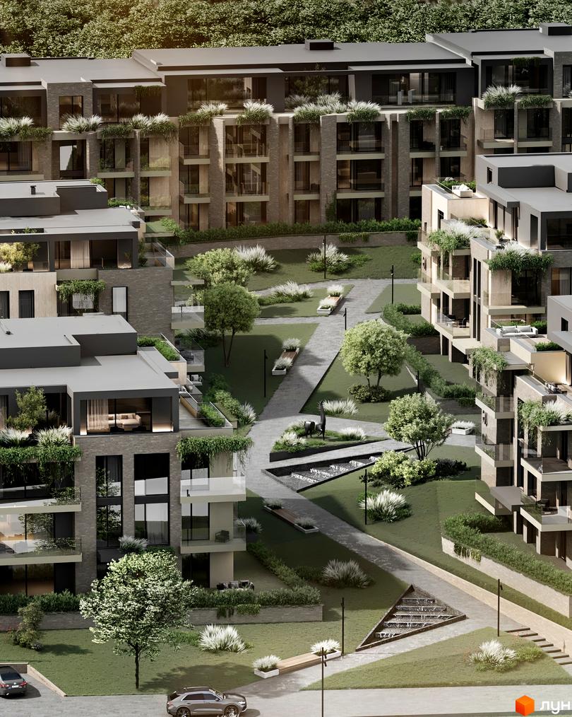 Котеджне містечко SHERWOOD: багатоповерхові будинки з цегляними фасадами, озелененими дахами та балконами. На території ландшафтний дизайн з деревами, кущами та водними об'єктами.