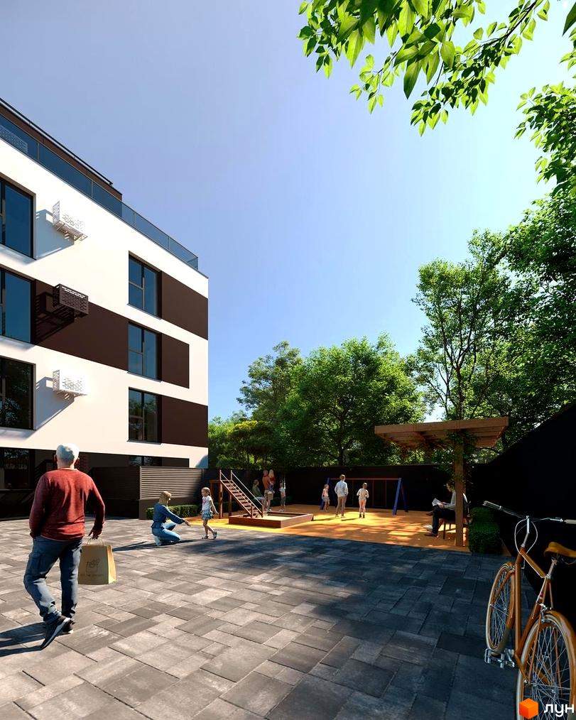 Фасад багатоповерхового будинку з білими та темно-коричневими смугами, поряд облаштований двір з дитячим майданчиком та деревами.