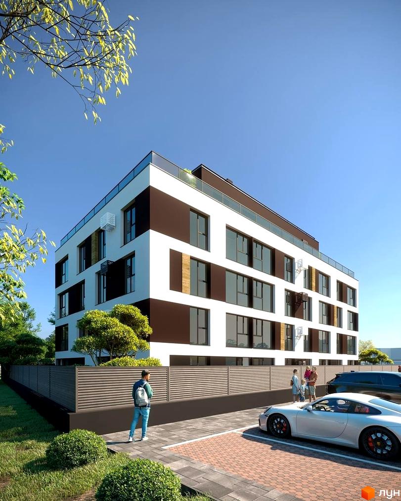 Зображення житлового комплексу на вул. Володимира Стельмаха, 70б: багатоповерховий будинок з білим та темно-коричневим фасадом, поруч парковка та зелені насадження.