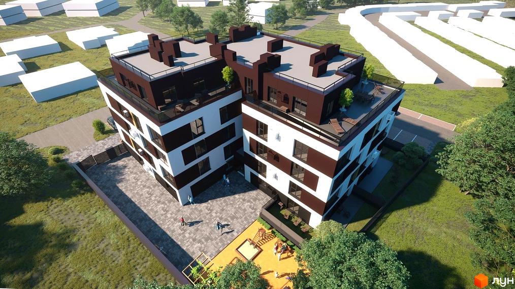 Багатоповерховий житловий будинок з коричнево-білим фасадом та терасами на даху. Прибудинкова територія має бруківку, дитячий майданчик та зелені зони.