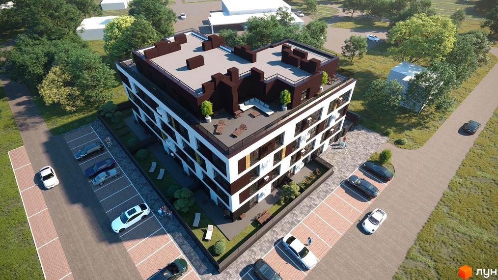 Багатоквартирний будинок з біло-коричневим фасадом та терасами на даху. Прибудинкова територія включає паркінг, зелені насадження та зони відпочинку.