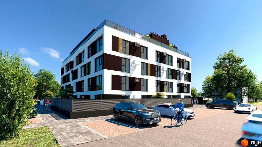 Зовнішній вигляд житлового комплексу на вул. Володимира Стельмаха, 70б, з парковкою та зеленими насадженнями. Фасад будівлі біло-коричневий, з великими вікнами.