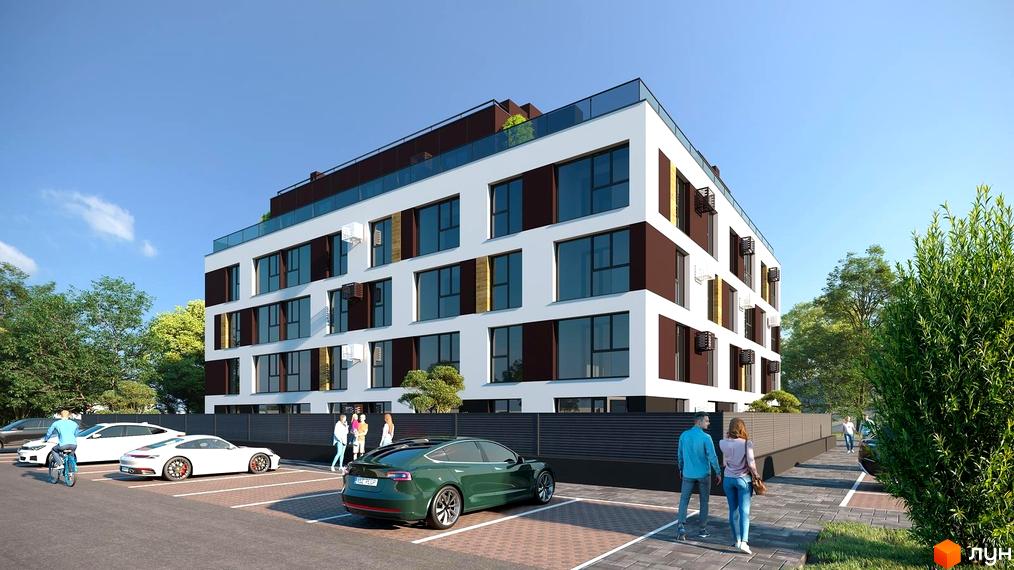 Житловий комплекс на вул. Володимира Стельмаха, 70б з білим фасадом, коричневими вставками та великими вікнами. На прибудинковій території є парковка та зелені насадження.