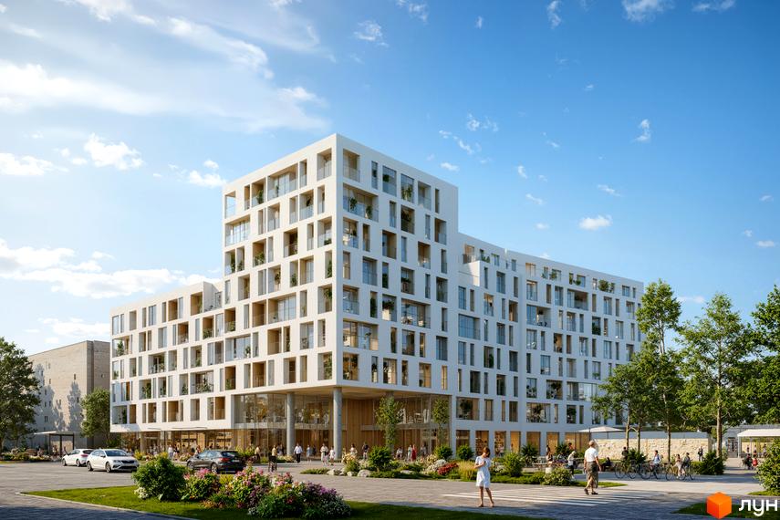 Багатоповерховий житловий будинок білого кольору з вікнами та балконами на вул. Тракт Глинянський, 161. Прибудинкова територія з зеленню та доріжками.