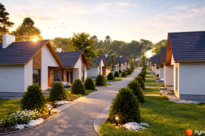 Котеджне містечко Буде Дім. Підберізці: білі будинки з темними дахами та дерев'яними вставками. Доглянута територія з доріжками, газонами та кущами.