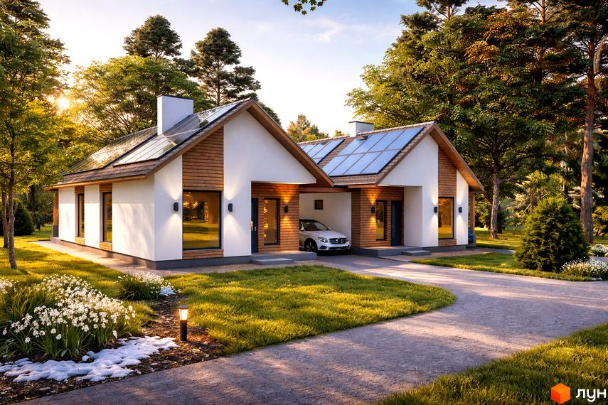 Котеджне містечко Буде Дім. Підберізці: два будинки з білими фасадами, дерев'яними вставками, сонячними панелями на даху, зеленим газоном та квітучими клумбами.