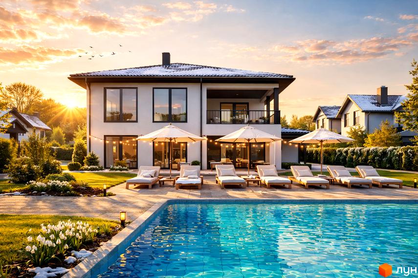 Котеджне містечко Буде Дім. Годовиця SPA: двоповерховий будинок з білими стінами та дахом зі снігом, басейн з шезлонгами та парасольками.