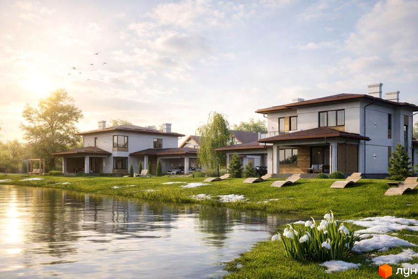 Котеджне містечко ДЕРЕВАЧ LAKE: двоповерхові будинки зі світлими фасадами та коричневими дахами, розташовані біля водойми з зеленою травою та квітами.