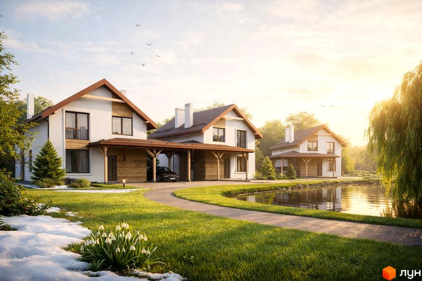 Котеджне містечко ДЕРЕВАЧ LAKE: двоповерхові будинки з білими фасадами, коричневими дахами. Прибудинкова територія з газоном, доріжкою, озером та квітами.