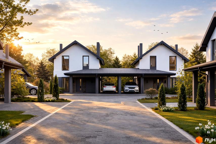 Двоповерхові будинки з білими стінами та темними дахами, з'єднані навісом для авто. Прибудинкова територія з брукованою доріжкою та газонами.