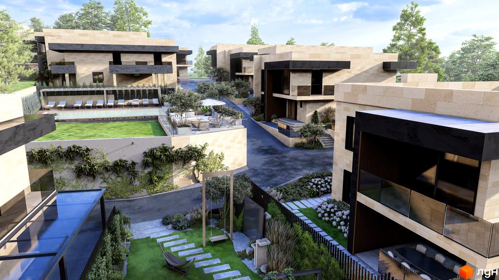 Котеджне містечко Alma Residence: будинки з бежевого каменю та темними акцентами. Прибудинкова територія включає басейн, тераси та зелені зони.