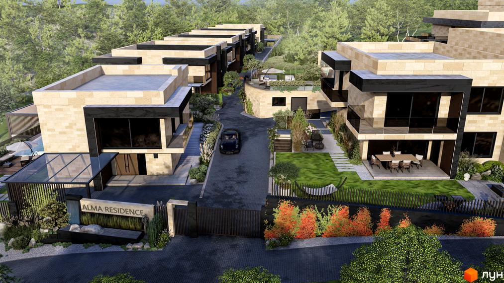 Котеджне містечко Alma Residence: будинки зі світлого каменю з темними елементами. Озеленена прибудинкова територія має доріжки, басейн та зони відпочинку.